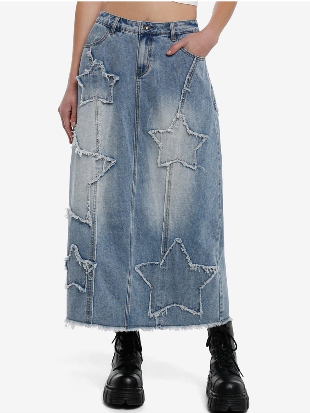 Social Collision Star Patches Denim Midaxi Skirt